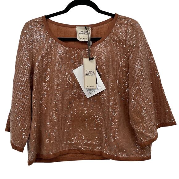 Garage Nouveau MSRP $252 Size X-Small Oversized Sequin Top Boxy Brown Pullover - Picture 1 of 9